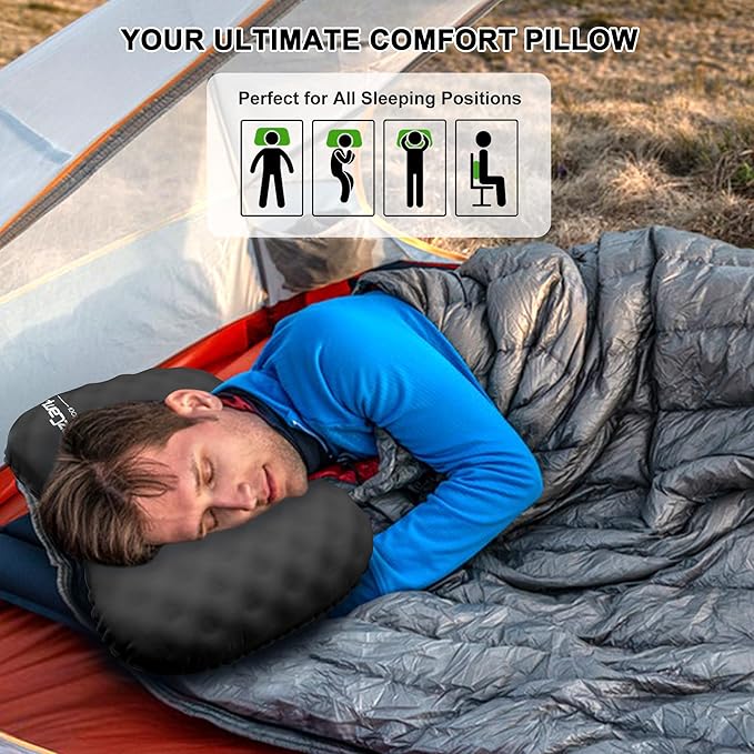 Camping Pillow with Soft Cover, Lightweight Inflatable Pillow for Neck Lumbar Support,Upgrade Backpacking Pillow,Washable Travel Air Pillows for Hiking, Backpacking, Airplane, Beach, Black