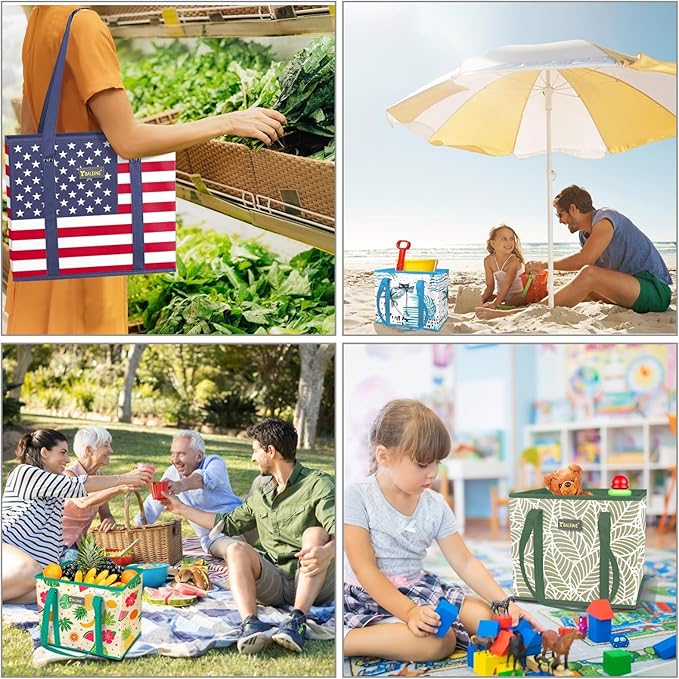 BALEINE 3Pk Reusable Grocery Bags, Foldable Shopping Bags for Groceries with Reinforced Bottom & Handles (Plaid Check)