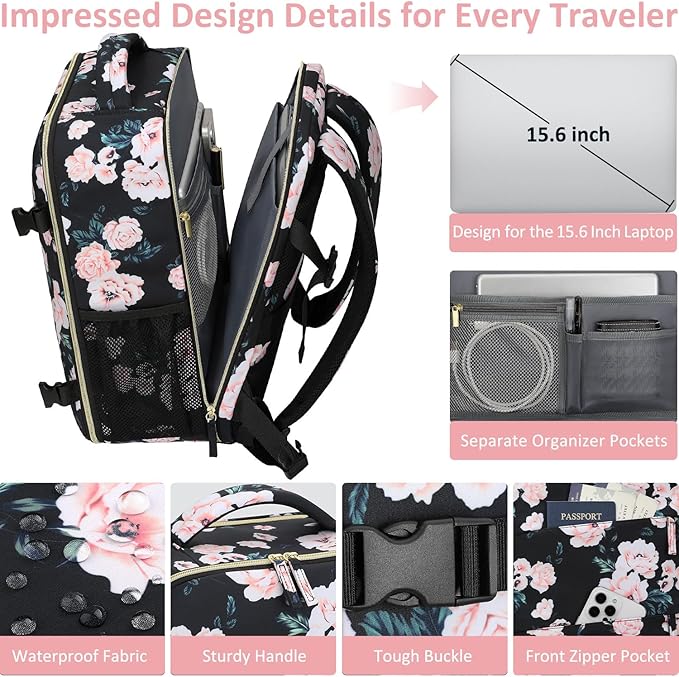 Carry on Backpack for Women TSA Approved 15.6 Inch Travel Laptop Backpack for Women Travel Essentials Foldable Womens Travel Backpack Suitcase Pink Floral