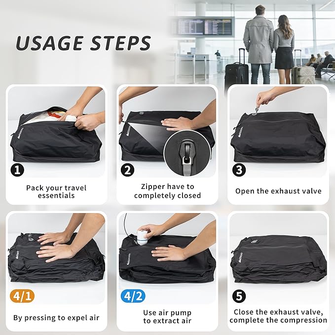 Vacuum Bag for Travel, Professional IPX8 Waterproof Reusable Vacuum Compression Bags for Travel Suitcases, Durable Space Saver Bag(3 PACK,With Pump)