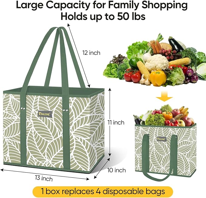 BALEINE 3Pk Reusable Grocery Bags, Foldable Shopping Bags for Groceries with Reinforced Bottom & Handles (Antique Foliage)