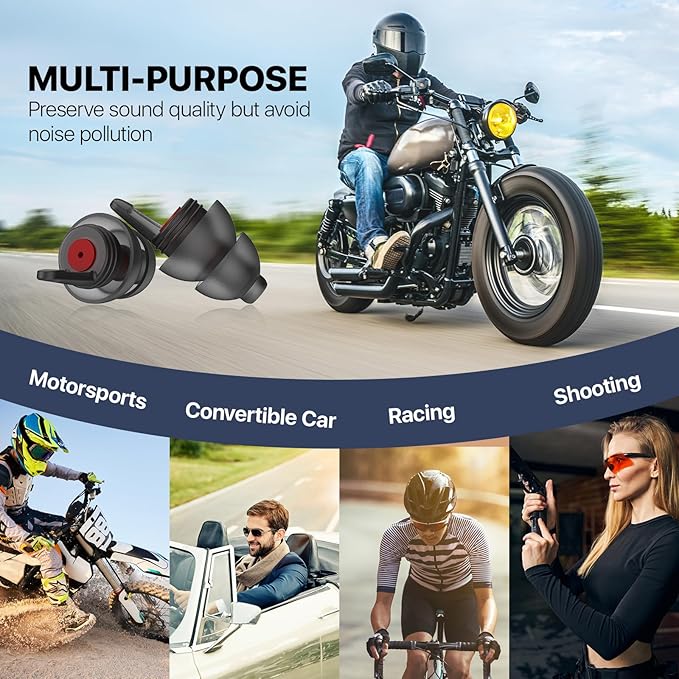 Motorcycle Ear Plugs 2Pairs, Wind Noise Reduction & Prevent Hearing Damage, Comfort Reusable Earplugs for Motorsports, Touring, Racing, Riding, 2 Sizes Fit All Ear-Canal, 25dB Noise-Reduction Earbuds