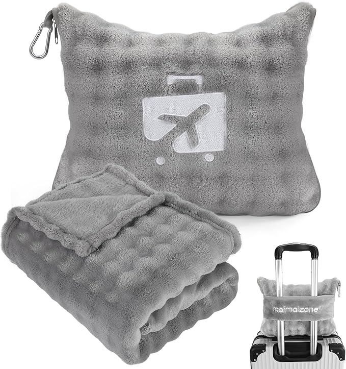 Gray Travel Blanket for Airplane, Soft Lightweight Flannel Blanket, Compact & Portable with Storage Bag, Luggage Strap & Clip, Cozy Travel Essential for Flights, Road Trips & More,40.7''×64.1‘’