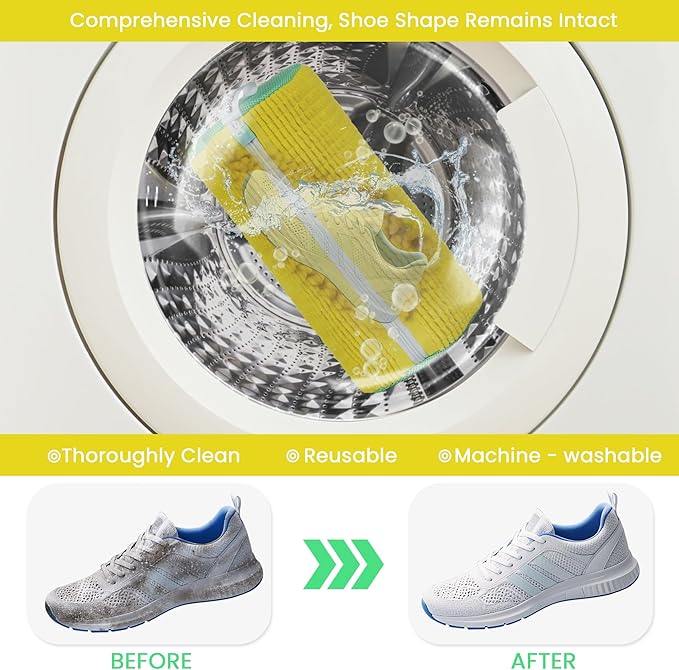 1pc Shoe Washing Machine Bag, Sneaker Laundry Bag for Washing Machine, Extra Long and Thick Microfibre Fluff, Reusable for Washer and Dryer (1pc, Yellowish Green)