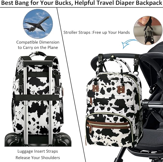 Tenot Large Capacity Baby Diaper Bag Backpack with Insulated Pockets, Waterproof, Stylish Cow Print Design, Suitable for Boys and Girls