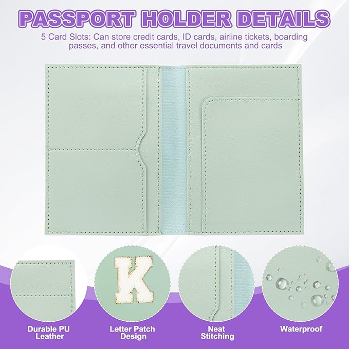 PATIKIL Passport Holder for Travel, Initial Passport Cover and Luggage Tag Set with Alphabet Chenille Letter Patch Travel Wallet Bag Suitcase Identifier for Women Family Travel Green K