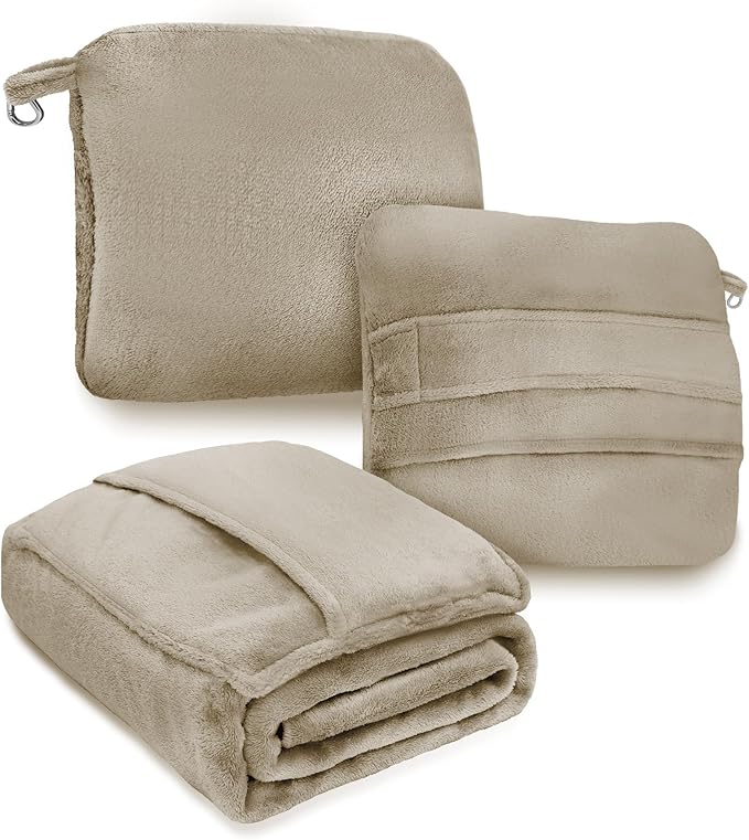 DEZ FURNISHINGS 4-in-1 Travel Compact Blanket Pillow Super Soft Velvet with Luggage Sleeve and Backpack Clip, Tan, 60" x 45"