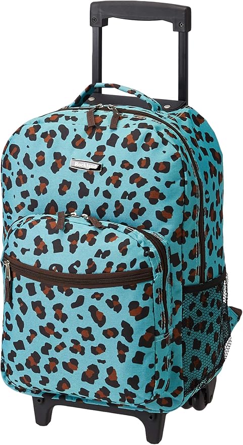 Rockland Double Handle Rolling Backpack, Blue Leopard, 17"