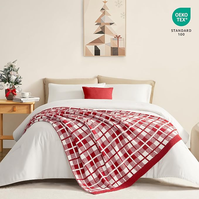 Snuggle Sac Red Checkered Throw Blanket for Couch, Super Soft Cozy Warm Christmas Red Blankets, Reversible Buffalo Plaid Microfiber Throws for Sofa Bed, Red Plaid, 50x60 Inches