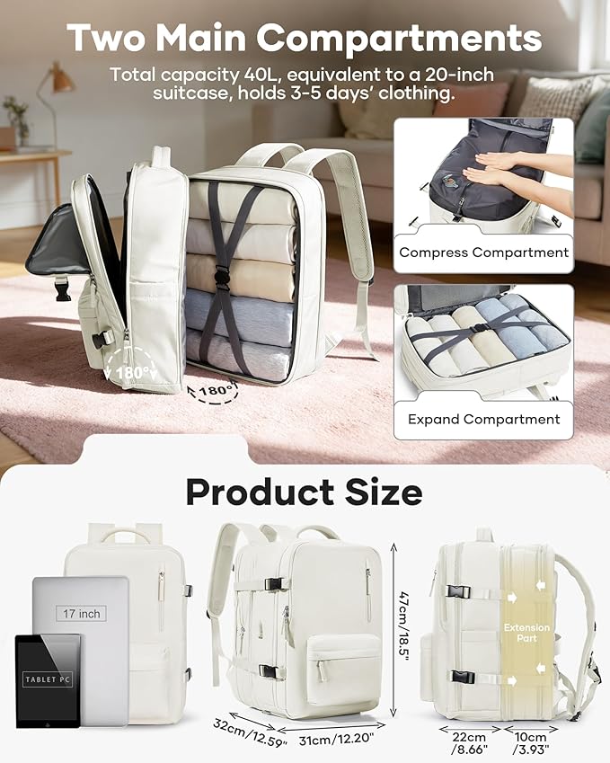 VECAVE Vacuum Backpack Travel with Pump, Expandable Personal Item Carry on Backpacks for Women Men, Laptop Waterproof Work Compression bags with USB Casual Daypack Beige