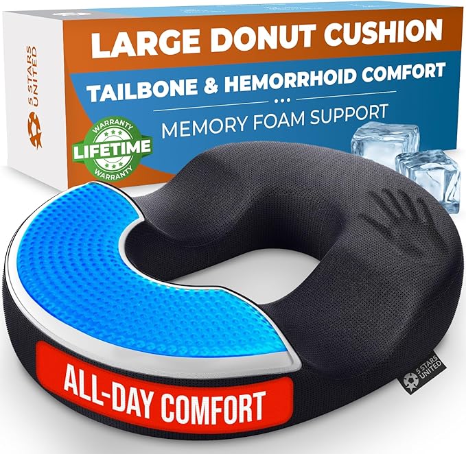 5 STARS UNITED Donut Pillow Hemorrhoid Tailbone Cushion – Large Floor Cushion for Pain Relief – Coccyx, Prostate, Sciatica, Pelvic Floor, Pressure Sores, Pregnancy, Postpartum Recovery, Arctic Black