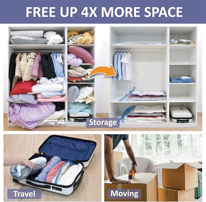 Cozy Essential Vacuum Storage Bags, 80% Compression Vacuum Seal Space Saver Plastic Packaging Bags for Clothes, Blankets, Pillow, Bedding, Comforters, Sealer Clothing Storage,25 Combo