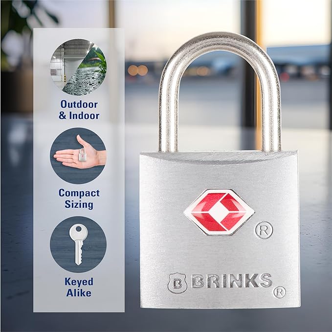 BRINKS TSA Approved Padlock, 22mm Aluminum, TSA Locks for Luggage, Chrome-Plated with Hardened Steel Shackle, 4-Pack