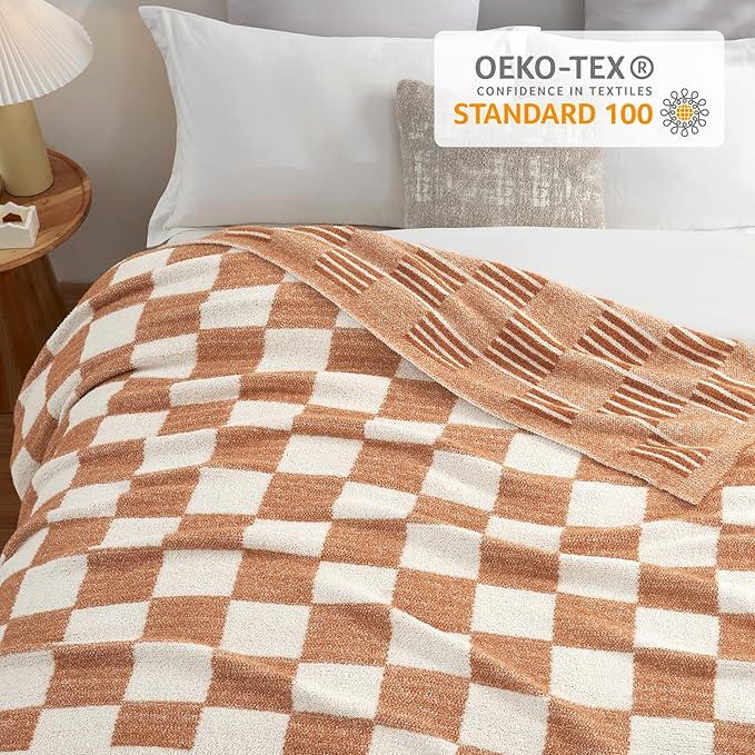 Snuggle Sac Checkered Orange Throw Blanket for Fall,Super Soft Reversible Cozy Warm Blanket for Couch Sofa Bedroom,Cute Lightweight Striped Throws for Women,Heather Orange,50x60 inches