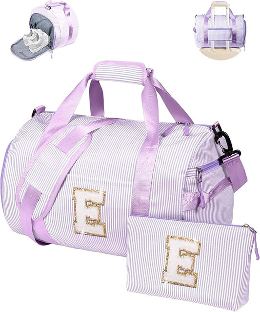9 Year Old Girl Birthday Gift, Girls Travel Duffle Bag, Kids Overnight Duffel Bags with Shoe Compartment, Personalized Dance Bag with Cosmetic Pouch, Teenager Girl Gift Ideas (Letter E)