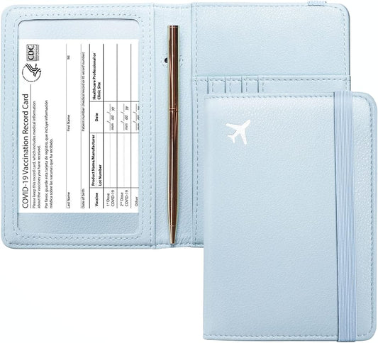 Mymazn Blue Passport Holder Women Passort Travel Wallet Vaccine Card Organizer Passport Case with Vaccination Card Holder with RFID Blocking Clear Pocket for Picture (blue)