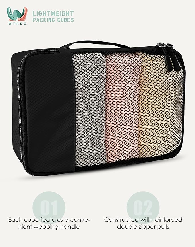 4-Piece Packing Cubes Travel Accessories Set for Suitcases - Luggage Organizer Bags with Double Zipper - Mesh Top - Large - Black