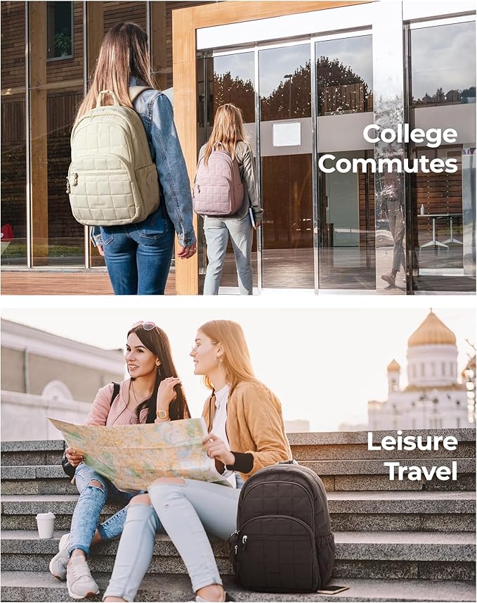 BAGSMART College Laptop Backpack, Travel Backpack for Women, Quilted Casual Daypack, Water-Resistant Bookbag for 15.6 Inch Laptop, Beige