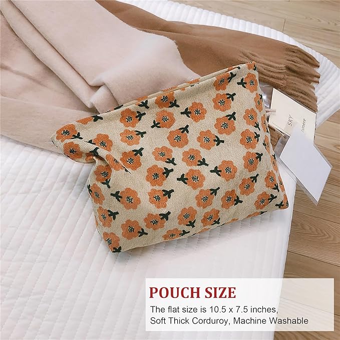 HAPPYHEIDI Women Floral Corduroy Makeup Bag Travel Cosmetic Canvas Pouch Purse Organizer, Cute Beige Flowers