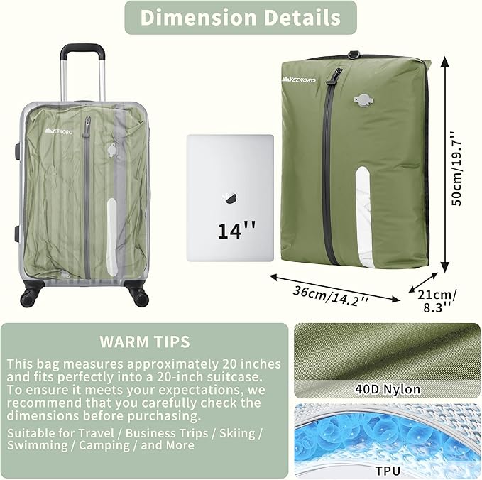 Vacuum Bag for Travel, Reusable Vacuum Compression Bags with Wired Pump for Travel Suitcases, Professional IPX8 Waterproof Traveling Kit, Durable Storage and Organization(2Pack Green)