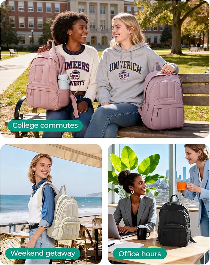 BAGSMAT Womens Backpack Travel Laptop Backpack for Women, Quilted College Laptop Bookbag, Work Back Pack for Women, Cute Computer Water-Resistant Casual Daypack, Puffer Pink