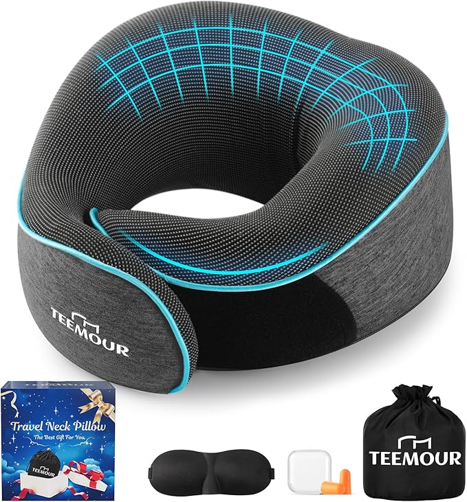 Travel Neck Pillow for Airplane -Memory Foam Travel Pillow for Long Flights/Car Sleep 360° Support Airplane Pillow, With Eye Mask & Earplugs, Portable Carry Bag | Airplane Accessories Washable Cover
