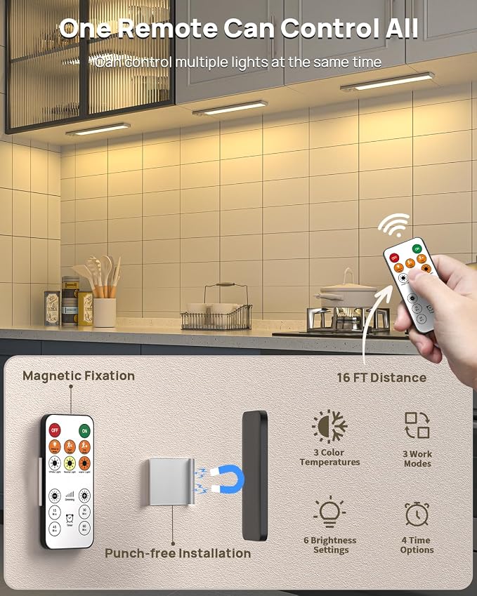 Under Cabinet Lights Wireless, 12'' Rechargeable Motion Sensor Light Indoor, 3 Color Temperature Dimmable Closet Lighting with Remote, Under Counter Lights for Kitchen, Pantry, Stairs, Wardrobe