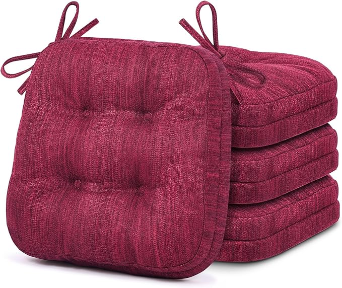 Shinnwa Dining Chair Cushions Set of 4, Dual-Layer Memory Foam Kitchen Chair Cushions, Patented Design Seat Pads with Ties, 16.5 x 16.5 x 3.5in, 4 Pack, Burgundy