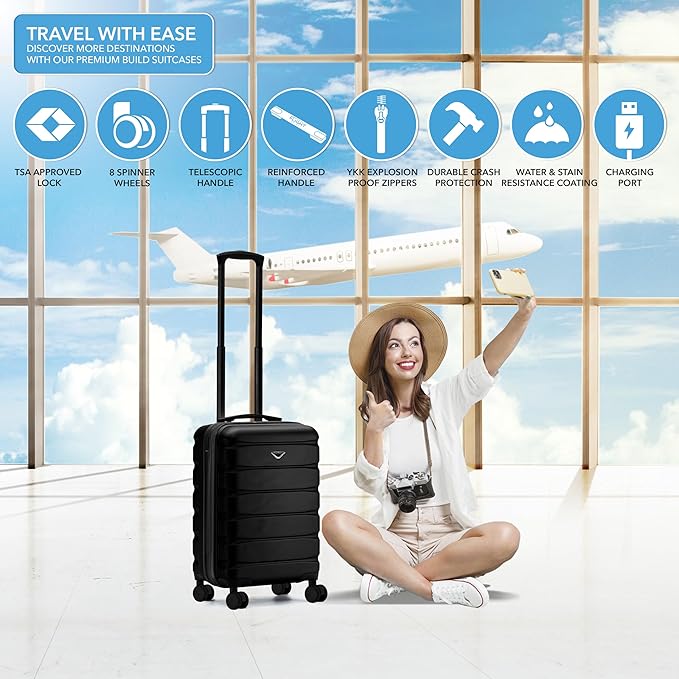 Flight Knight 22x14x9" Expandable Carry On Suitcase Hardside TSA Lock USB C Port Lightweight Luggage Silent Double Spinner Wheels Maximum Overhead Carry-On Bag For American & United Approved Airlines
