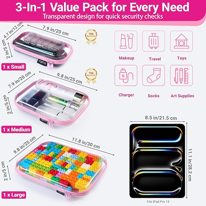 YQBRAO 3 Pack Hard Sided Clear Zipper Case for Storage- Thickened-Grade Clear Hard Shell Zipper Case for Organizing Bead, Handicrafts, Sewing, Playdoh (Pink, LMS)