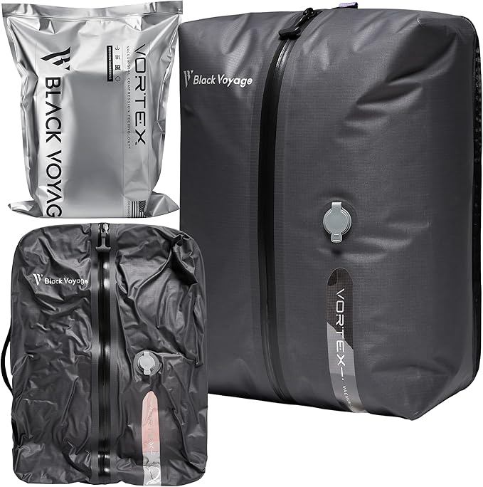 Black Voyage Reusable Vacuum Compression Travel Bag for Carry-On Suitcase and Backpack, Recycled IP67 Waterproof Space Saver Vacpack (1-Pack, 18L - No Pump)
