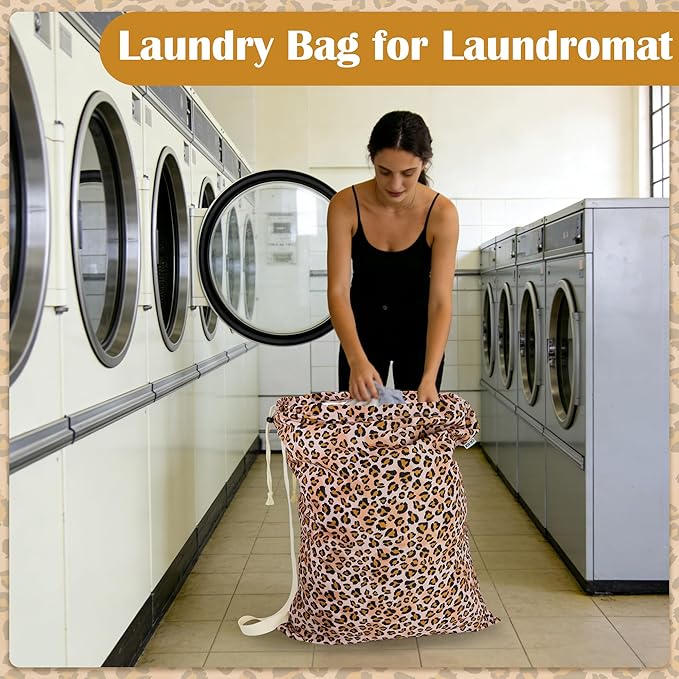 Canvas Laundry Bag with shoulder Strap 24"Wx 29"H, Large Drawstring Dirty Clothes Bag Washable Laundry Sack for College Dorm, Travel, Home, Camp (Leopard)