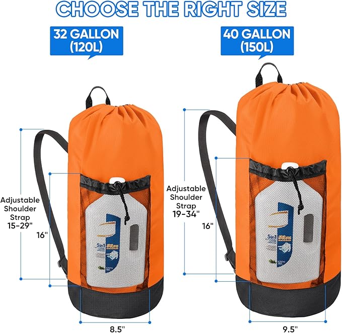 BALEINE 150L Laundry Bag Backpack, 900D Oxford Fabric Large Travel Laundry Bags with Shoulder Straps and 2 Mesh Pockets for College Dorm, Apartment, Laundromat (Orange, 150L)