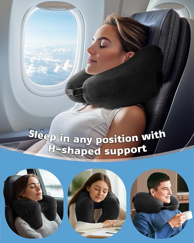 Travel Pillow Inflatable Neck Pillow Airplane Pillow with Velvet Cover Inflatable Pillow for Car/Train/Plane (Black, M)