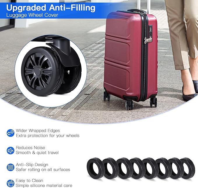 24PCS Luggage Wheel Covers for Spinner Wheels, Silicone Suitcase Wheel Protectors, Wear-Resistant & Anti-Noise, Fits 2–2.4 Inch Wheels (Black)