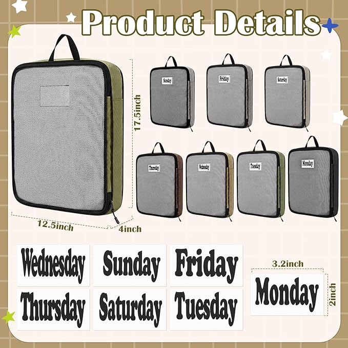 7 Pcs Packing Cubes for Travel Large Days of Week Compression Packing Cube with Labels Luggage Organizers Storage Bag(Brown)