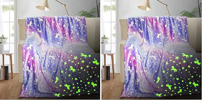 TEHALK Unicorn Glow in The Dark Blanket, Unicorn Blanket for Girls/Kids, Unicorns Gifts for Girls Age 3-12, Toddler Blanket for Kids, Soft Fleece Blanket Throw Birthday Gift 40"x60" (Pack of 2)