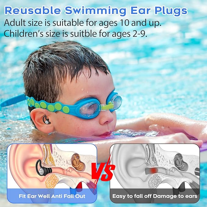 Swimming Ear Plugs Waterproof Earplugs - 2 Pairs Silicone Swim Ear Plugs for Adult Kids, Water Sports Earplugs for Showering, Bathing, Surfing - Keep Ear Water Out