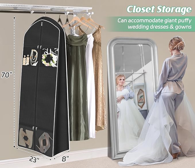 MISSLO 70" Wedding Dress Garment Bag with Bride Tote Bag 8'' Gusseted Wedding Dress Bags for Gowns Long 4 Pockets Dress Cover for Women, Black