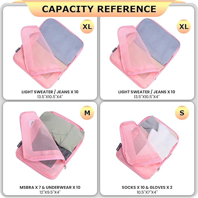 4 Set Ultralight Compression Packing Cubes Travel for Suitcases ，Compressible Mesh Packing Cubes for Travel Women Packing Organizers (Pink)