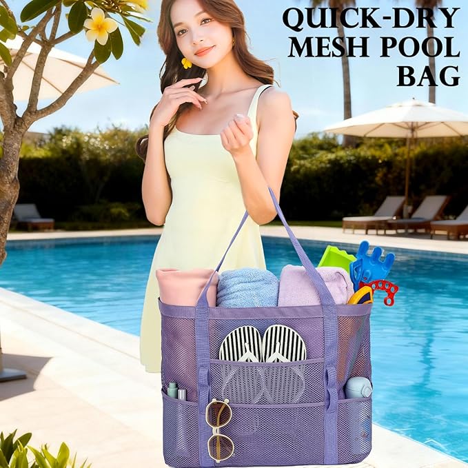 Fammart Mesh Beach Bag, Large Beach Tote with Zipper Pocket, Toys Pool Bag for Family Travel Vacation Cruise Essentials