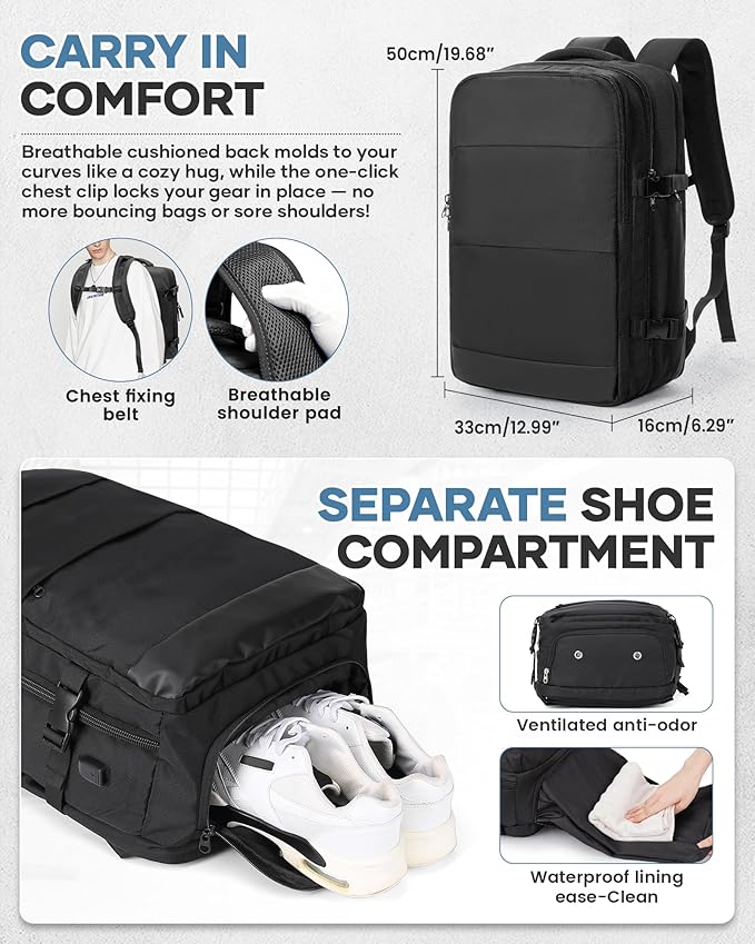 VECAVE Vacuum Travel Backpack with Pump for Women, Personal Item Carry on Backpacks Flight Approved 18x14x8 inches for Men,Laptop Waterproof Work Compression bags Casual Daypack,Black.