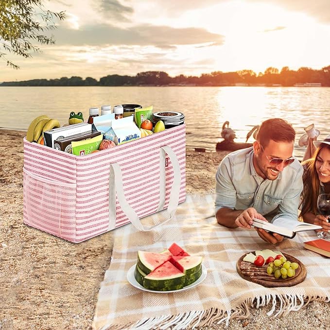 LHZK Standing Extra Large Utility Tote Bag with Metal Wire Frame and the Sides Rinforced, Extra Large Tote Bag with Handle, Reusable Grocery Bags Foldable, Beach Bag, Car Tote (Pink)