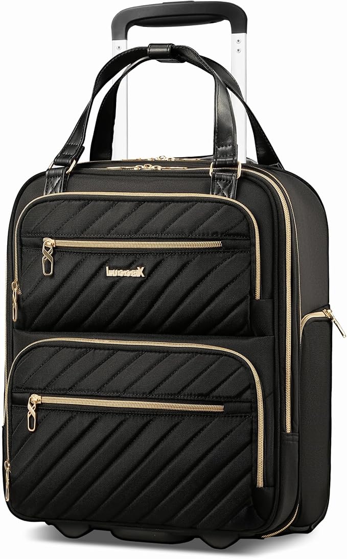 LUGGEX Underseat Carry On Luggage with Wheels, UDK Stylish Lightweight Under Seat Luggage, Soft Sided Personal Item Suitcase for Short Trip (UX-Core, Black, 16 Inch)