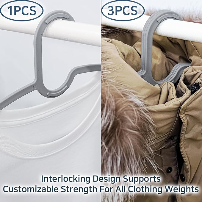 15" Compact Slim & Slimlink Interlocking Clothes Hangers, Space-Saving Lightweight Plastic Hangers for Small Closets, Dorms, Apartments, Travel, RVs & Petite Clothing (Gray, 30)
