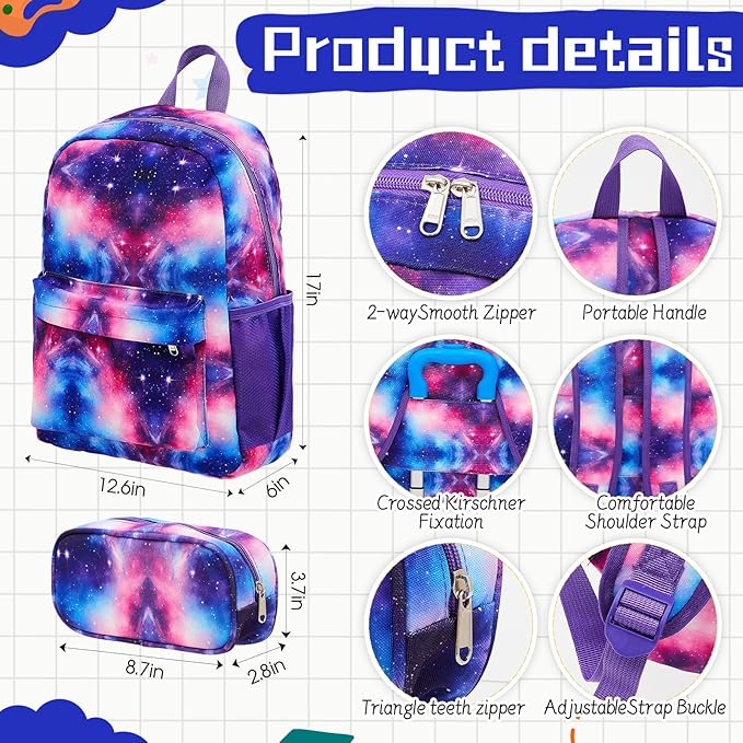 Redbaker 17 Inch 6 Pcs Kids Luggage Set Kids Rolling Luggage Double Pattern Suitcase for Boys Girls (Blue Purple, Starry Sky Style)
