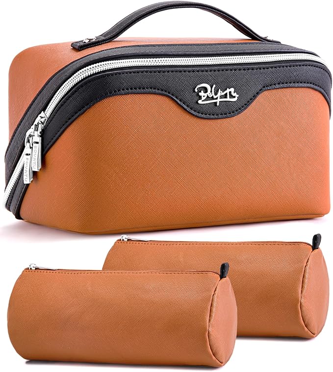 BOYATU Travel Makeup Bag Organizer Cosmetic Bag: 3 Pcs Set Make up Bags for Women with Handle - Waterproof Vegan Leather Toiletry Bags Travel Essentials Pouch with Compartments (A-07-Orange)