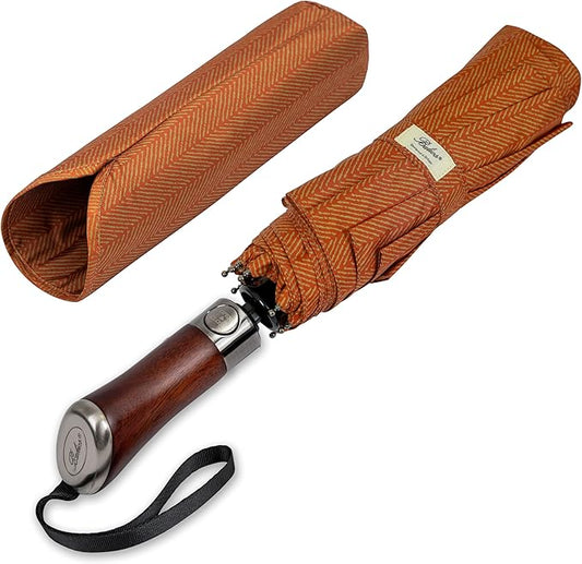 Balios (Designed in UK) Travel Umbrella Luxurious Golden Hardwood Handle Auto Open & Close Windproof Frame Single Canopy Automatic Folding Umbrella Men's & Ladies
