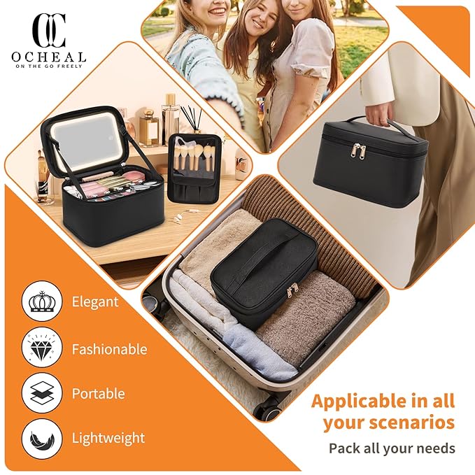 OCHEAL Makeup Bag With LED Mirror, Travel Makeup Bag With 3 Color Setting Light Up Mirror Cosmetic Makeup Organizer Vanity Case for Women Beauty Tools Accessories Rechargeable Makeup Travel Bag-Black