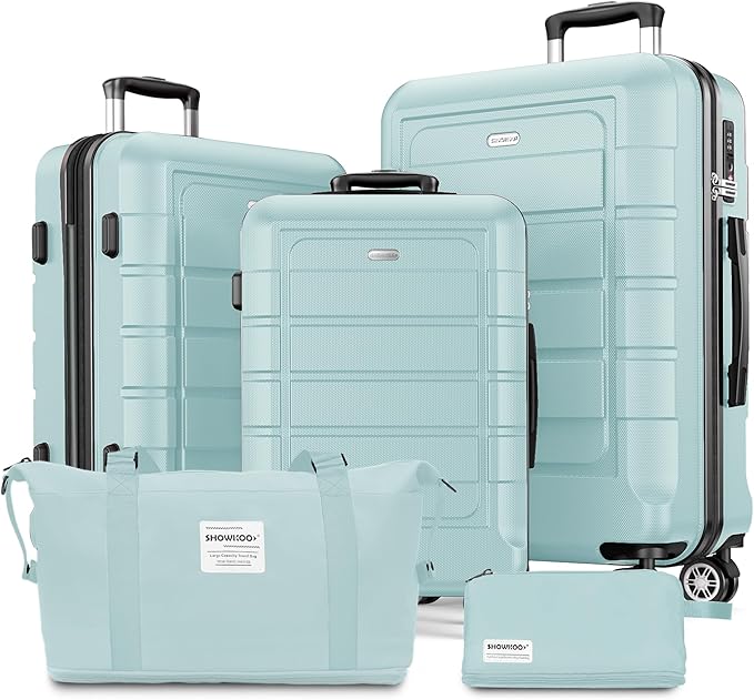 SHOWKOO Luggage Sets with Bags Expandable 100% PC Durable Suitcase Double Wheels TSA Lock 5pcs Mint Green